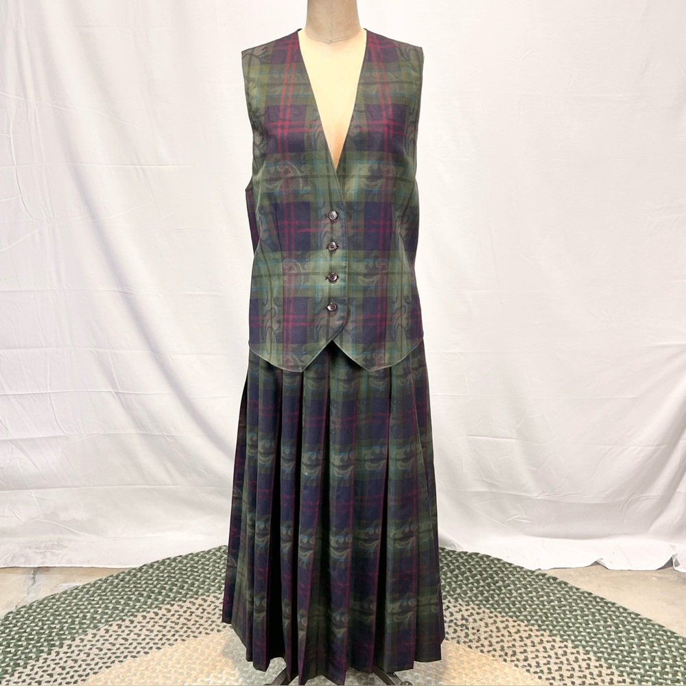 VINTAGE 90s Pendleton tartan plaid 2 piece dress set maxi pleated skirt vest - Picture 9 of 14